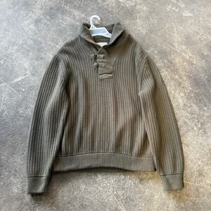 Duluth 1/4 Button Cardigan Sweater Mens XL Green Olive High Neck Rib Knit